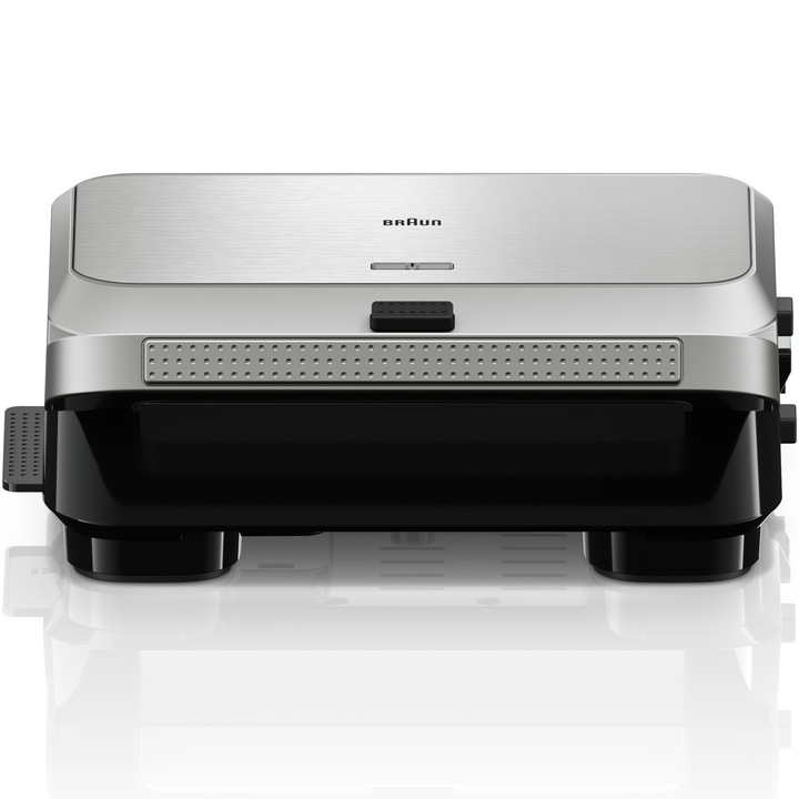Сандвич тостер BRAUN SM5038, 800W, 3 комплекта подвижни плочи, Премиум незалепващо покритие, Тава за мазнина, Сребрист/Черен
