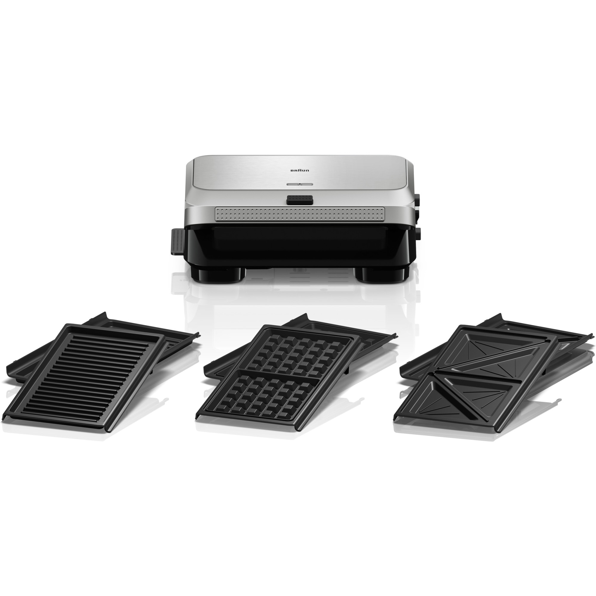 Sandwich-maker BRAUN SM5038, 800W, 3 seturi placi detasabile, invelis antiaderent premium, tava colectare grasime, argintiu-negru