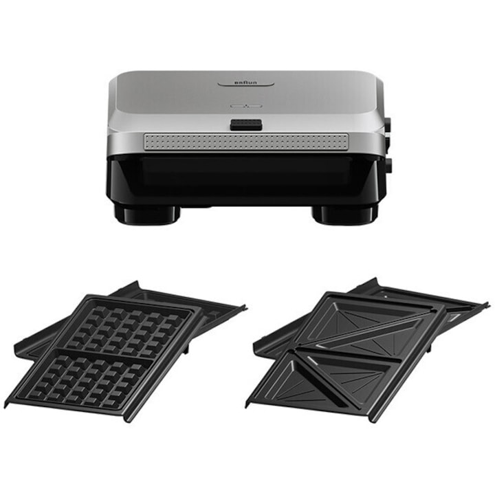 Sandwich-maker BRAUN SM5005, 800W, 2 seturi placi detasabile, invelis antiaderent premium, argintiu-negru