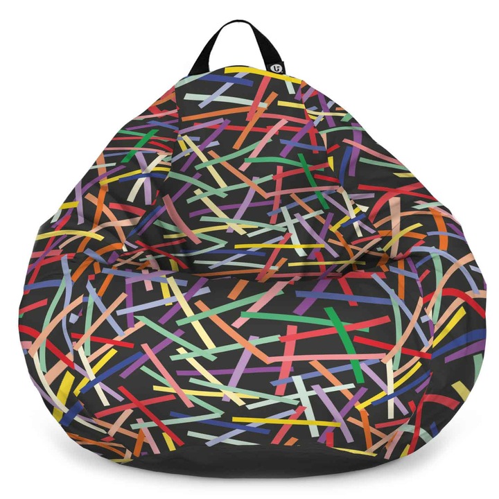 Fotoliu Updeco Puf Bean Bag tip para XL, impermeabil, indoor/outdoor, sac interior, cu maner, 90 x 90 x 60 cm, confetti fundal negru