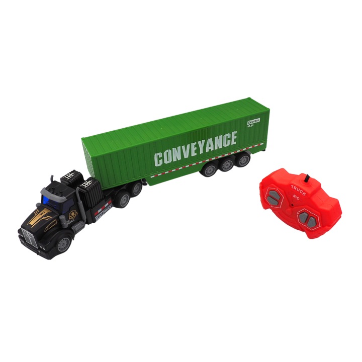 Set TIR platforma cu telecomanda, Onore, metal si plastic, negru si verde, 40 x 8 x 6 cm, functie push-n-go