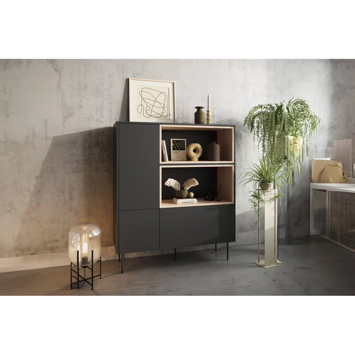 Komód, Bogart, Design, Magas, Nyitott részekkel, Fiók, Fém lábak, 120x140x40 cm, Forgácslap/HDF, Matt fekete