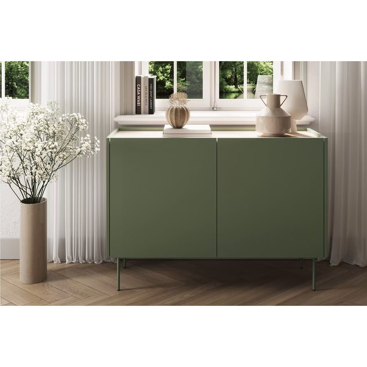Komód, Bogart, Design, Dupla ajtó, Fém lábak, 120x85x40 cm, Forgácslap/HDF, Olíva