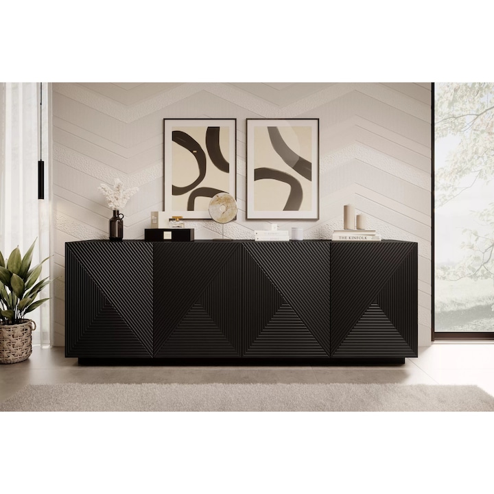 Comoda, Bogart, Asha, Cu Patru Usi, Cu Partea Din Fata Canelata, 200x71x43 cm, PAL/MDF/HDF, Negru mat