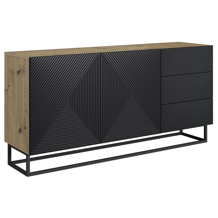 Comoda, Bogart, Asha, Cu Sertare, Cu Front Metalic, 167x81x43 cm, PAL/MDF/HDF, Negru/Natur