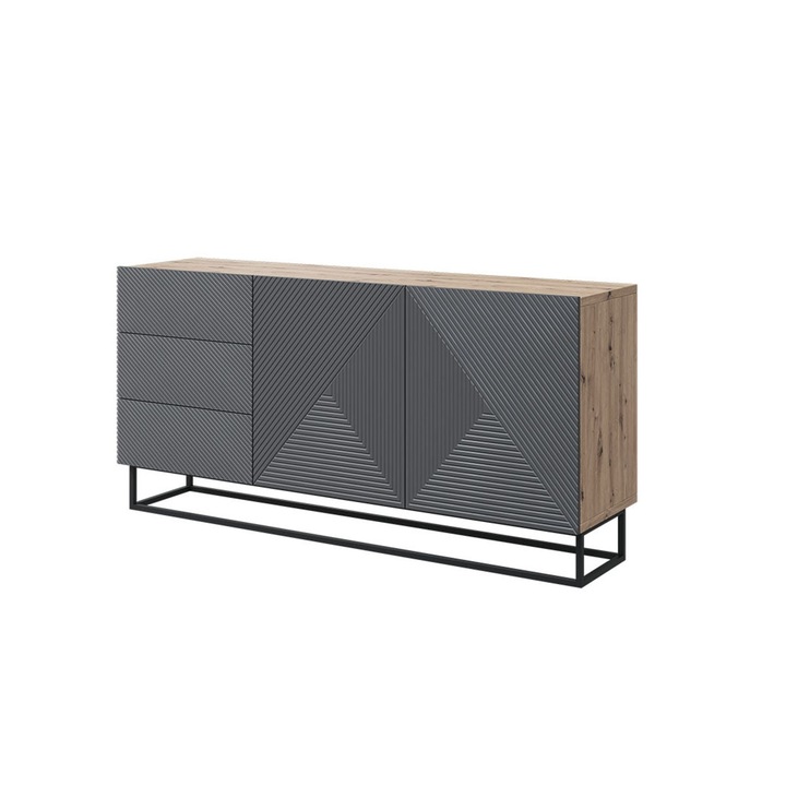 Komód, Bogart, Asha, Fiókokkal, Fém előlappal, 167x81x43 cm, Forgácslap/MDF/HDF, Szürke/Natúr