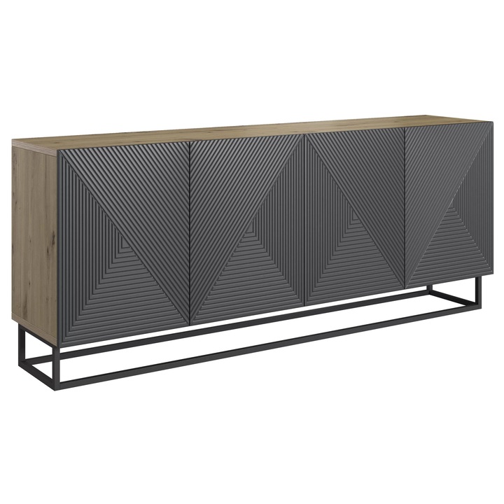 Comoda, Bogart, Asha, Cu Patru Usi, Fata Canelata, Cadru Metalic, 200x81x43 cm, PAL/MDF/HDF, Gri/Natur