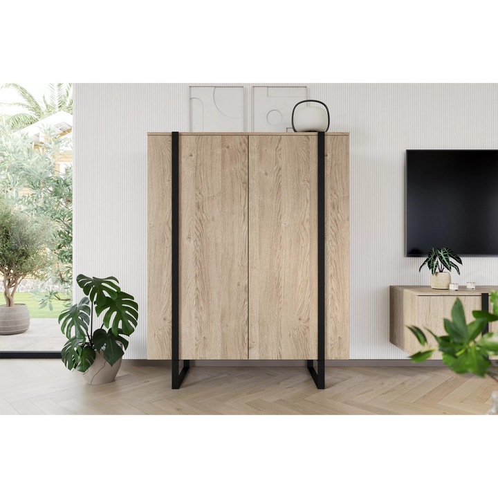 Komód, Bogart, Verica, Két ajtós, Fém lábak, 120x152x45 cm, Forgácslap/HDF, Tölgy