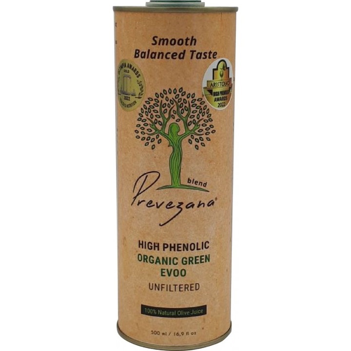 Ulei de masline cu continut mare de fenoli, bio, nefiltrat, gust echilibrat, 500ml Prevezana Green Olive Oil