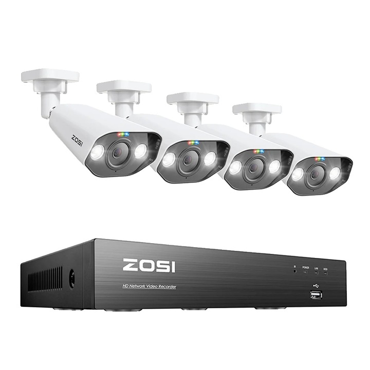 CCTV videó megfigyelő rendszer, 8MP felbontás, PoE NVR készlet, 4 kamera, fehér