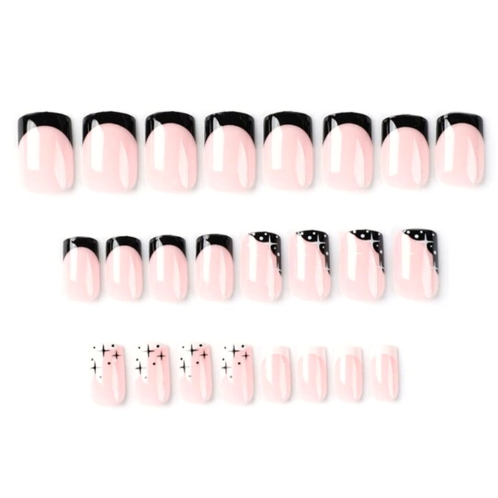 Комплект от 11 изкуствени нокти, NOVO OVO, Estrelas, къси, квадратни, розово/голо/бяло/черно