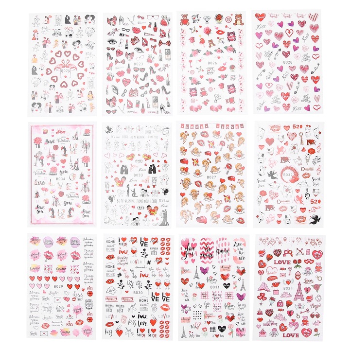 Комплект от 12 листа със стикери за нокти QttvbTna, Свети Валентин, многоцветни