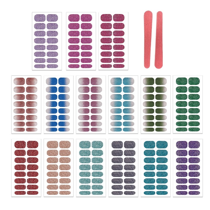 Комплект от 15 листа стикери за нокти и 2 козметични пили, QttvbTna, блясък, многоцветни