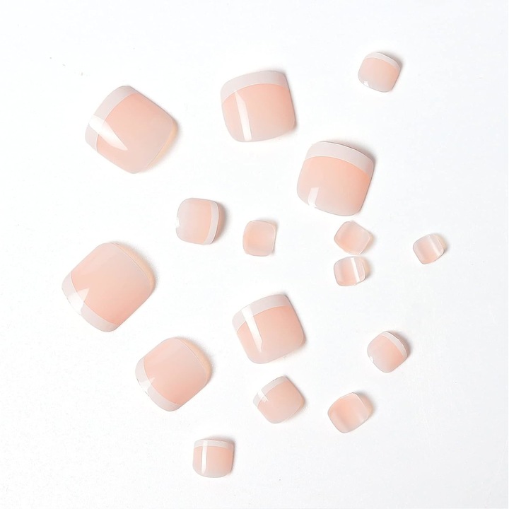 Set 24 unghii false pentru picioare QttvbTna, ABS, design French, 12 marimi, nude/alb