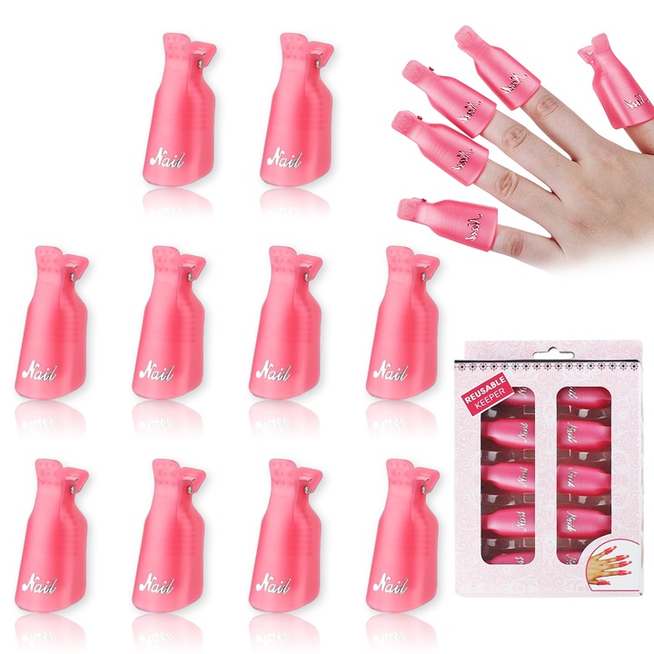 Agrafe pentru indepartarea ojei de unghii, 10 bucati cleme pentru oja cu gel acrilic, cleme din plastic pentru unghii, pentru utilizare acasa si in salon profesional pe toate degetele, pentru indepartarea lacului cu gel UV pentru degete