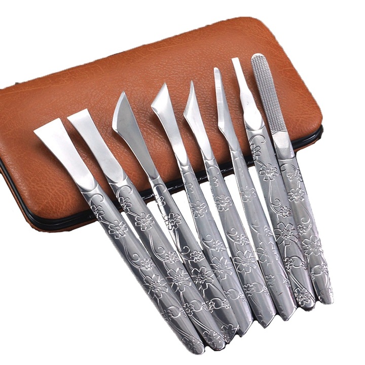 Set unelte pedichiura profesional, 8 bucati, instrumente din otel inoxidabil, model albastru, pentru unghii