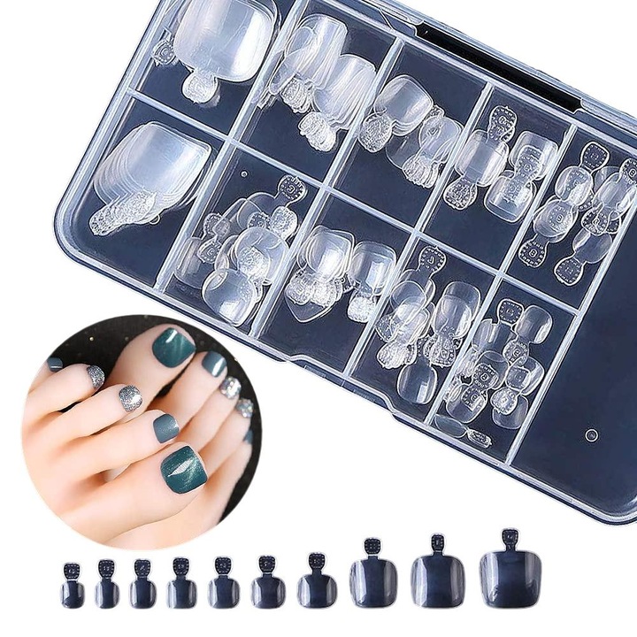 Set 100 bucati Unghii False Picioare QttvbTna, Acrilice, Transparent, 10 Marimi, Cutie Inclusa