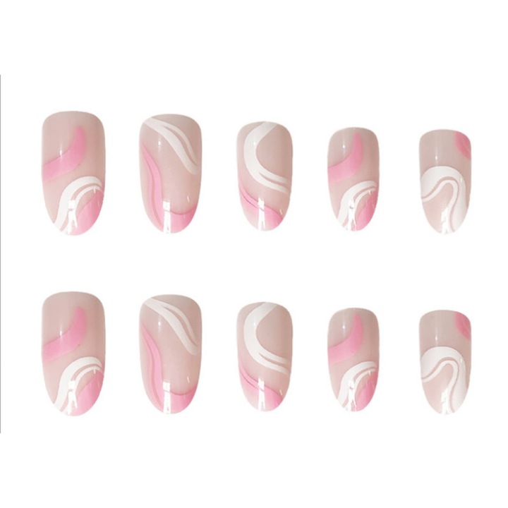 Unghii False Aplicare Rapida QttvbTna, Set 24 Buc, Almond, Roz, Glossy, Include Pila si Adeziv Gelatinos