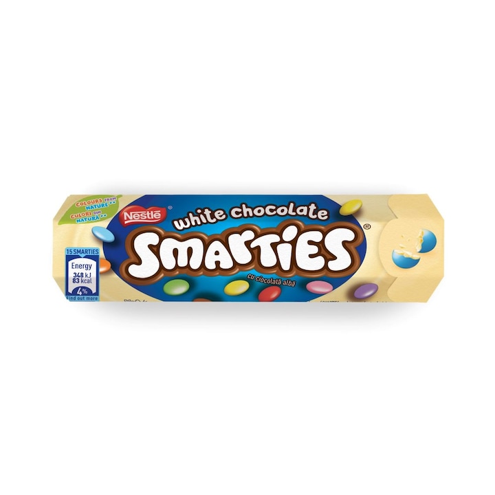 Кутийка шоколадови дражета, NESTLE SMARTIES, с бял шоколад, 34g