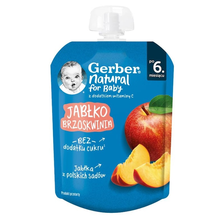 Пауч пюре от ябълка и праскова, Gerber Natural for baby, от 6-ия месец, 80g