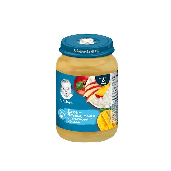 Бебешко пюре, Nestle GERBER, Десерт ябълки манго и праскова с извара от 6-ия месец, бурканче 190g