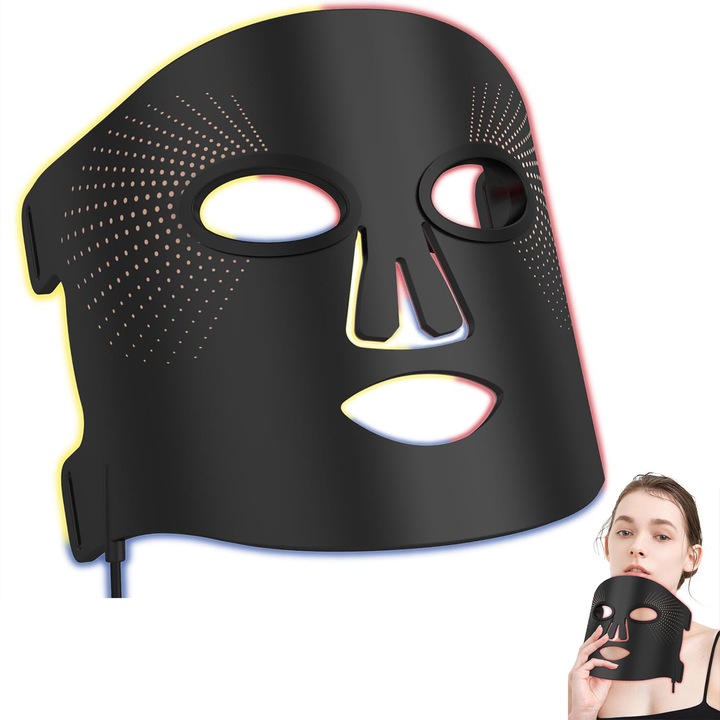 Masca faciala fototerapie, Latauar, 38 de led-uri, 3 lumini fotonice, anti-imbatranire, antirid, antiacnee, din silicon, negru