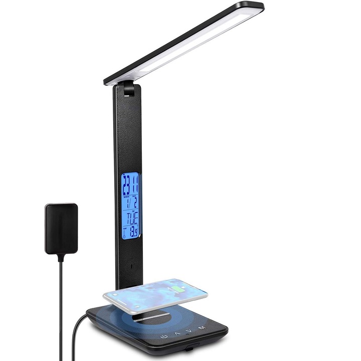 Lampa de birou cu incarcarcator wireless, weirsuky, 10W incarcare wireless pentru IOS Android, 3 moduri lumina rece/calda si 5 intensitati, control tactil, ajustabila, port USB, ceas, alarma, termometru, 450lm, Negru