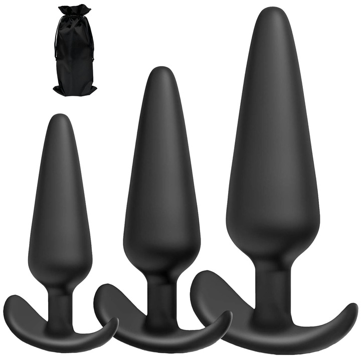 Set de 3 dopuri anale, Hggzeg, 51×85 mm, 58×99 mm, 75×125 mm, Din silicon non-toxic, Varf Tapered, Pentru masaj punct G sau penetrare anala, Cu maner, Rezistent la apa, Usor de curatat, Negru