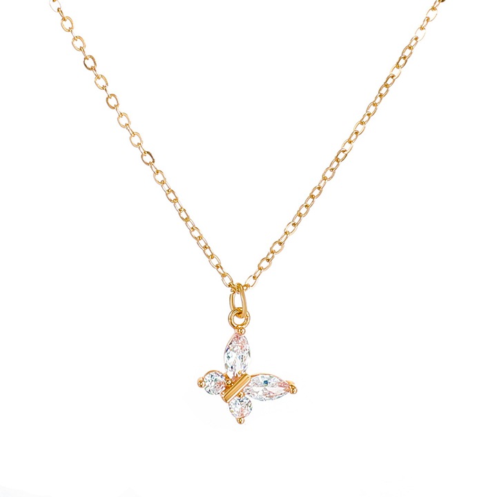 Colier din Cupru cu fluture de cristal, 48+5cm, auriu