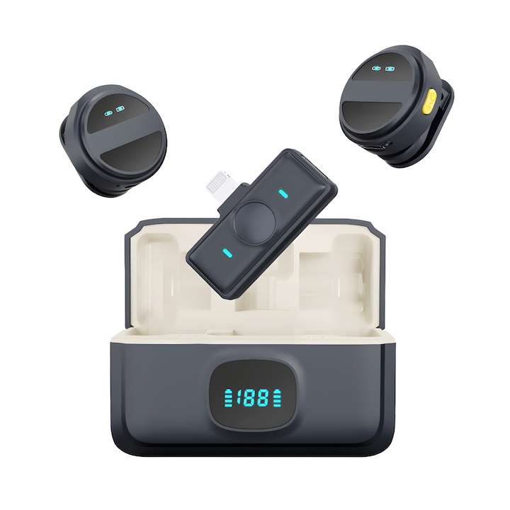 Комплект от 2 микрофона Lavalier, IMODIX®, за iPhone Lightning, Wi-Fi, магнитна защита и калъф за зареждане с цифров дисплей, намаляване на фоновия шум, ясен глас, малък размер и тегло, черен