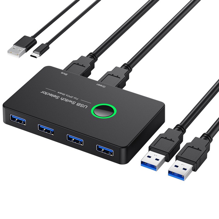 USB KVM хъб 2x4, USB 3.0 превключвател, черен