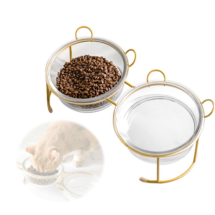 Két darab Happy Meow dönthető üvegtál készlet macskáknak, macskafej alakú fém talp, fényes gyöngybézs, űrtartalom 450 ml/tál