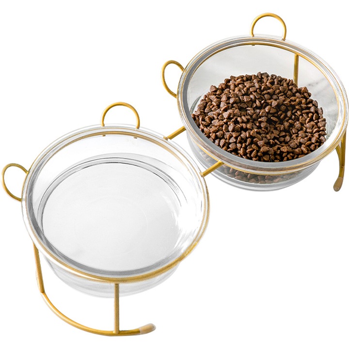 Set doua boluri de sticla inclinate Happy Meow pentru pisici, baza metalica forma de cap de pisica, bej sidef lucios, capacitate 450ml/bol