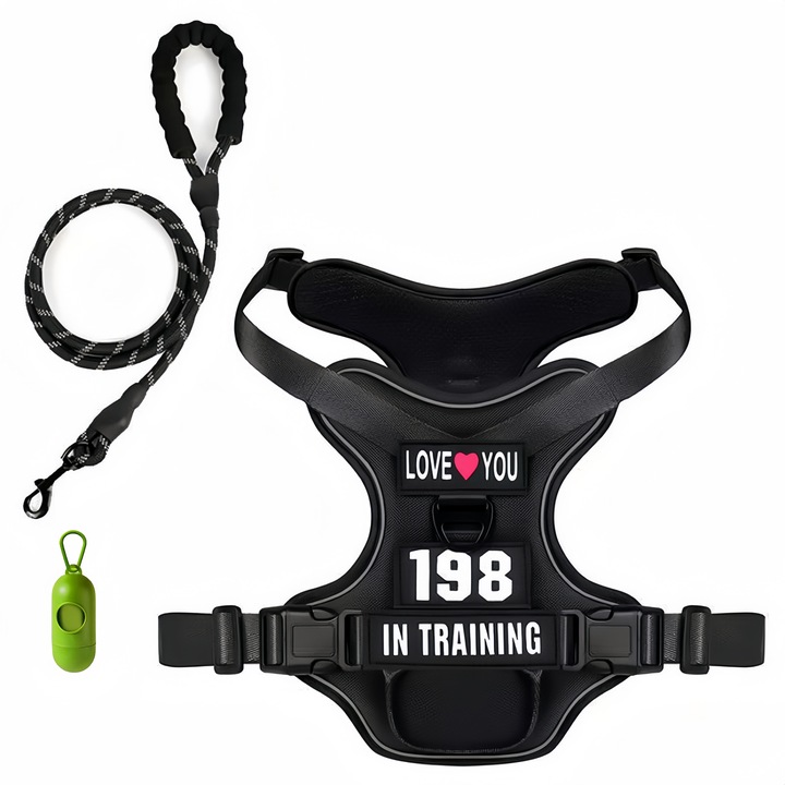 Кучешки нагръдник и каишка Cool, Със светлоотразителни ленти и контролна дръжка, Първокласни материали, Регулируеми катарами, С 1.5 м каишка, Диспенсър за тоалетна чанта, L, Черен