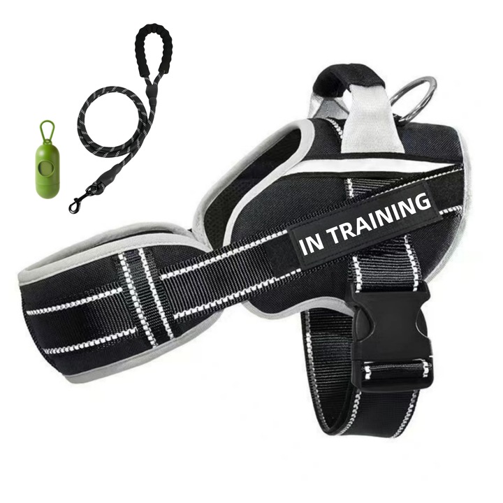 Set Ham si lesa pentru caini, cu benzi reflectorizante si maner de control, materiale premium, catarame reglabile, anti-sufocare, cu lesa de 1.5 m, Dispenser Pungi Igienice, S, Negru