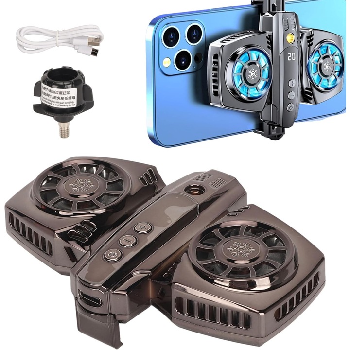 Охладител за телефон Latauar, Модел K4 с RGB светлини, Универсален, Функция за регулиране на температурата, Цифров температурен дисплей в реално време, Двоен полупроводников чип, Мигновено охлаждане, Безшумен, 11,1 × 7,7 × 2,9 cm, Черен