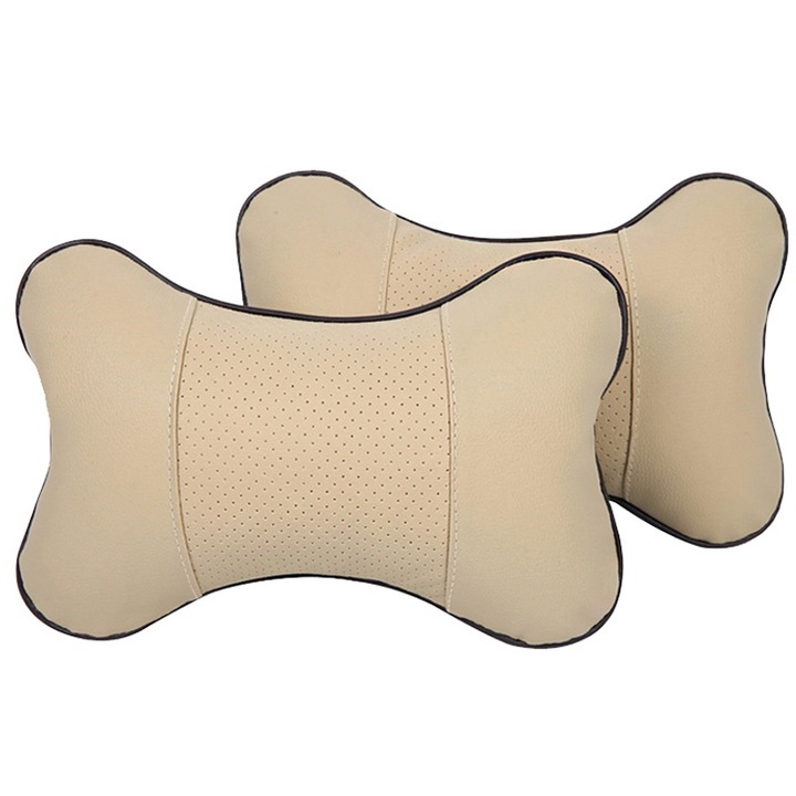 Set 2 Perne Auto Pentru Gat, Zggzerg, Pentru masina, Cu fermoar, Rezistent la uzura, Respirabil, Amovibil, Usor de instalat si curatat, Design ergonomic, Pentru ameliorarea oboselii gatului, Piele PVC, 27cm x 19cm, Bej