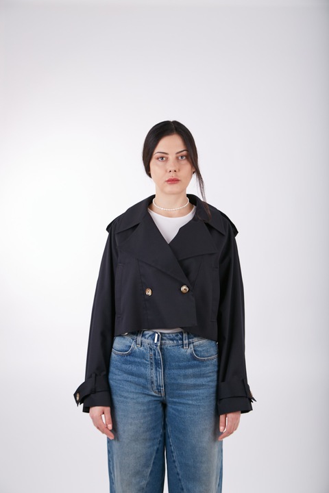 Trench dama scurt, Stefanett, Rainy Mood, Bumbac/Elastan, unica, Negru, One Size