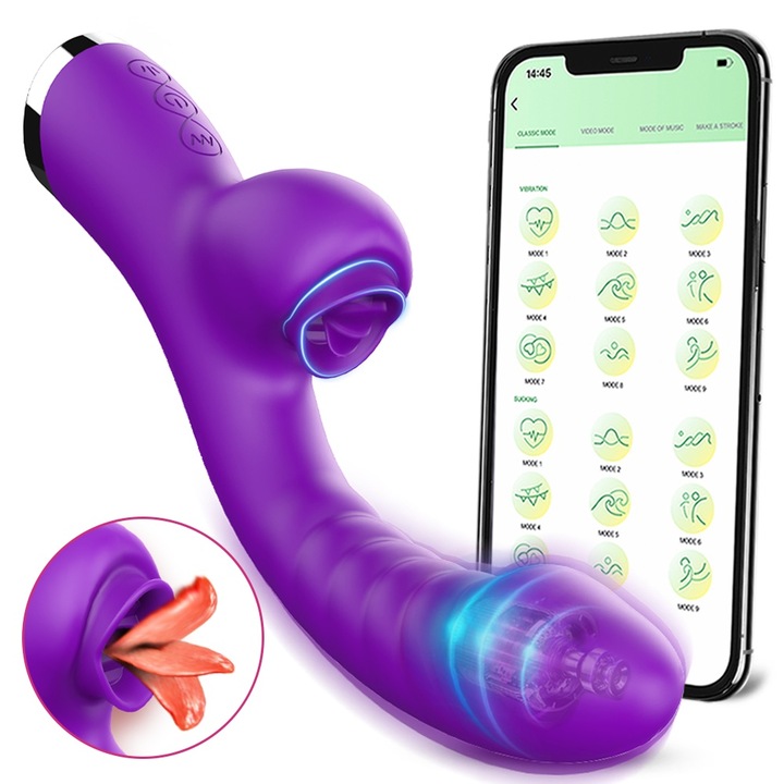 Vibrator Linge Limba FairyKiss® jucarii sexuale, Telecomanda aplicatiei mobile, 2 in1 cu stimulator clitoris si punct G, ABS + Silicon Medicinal, incarcare USB, Senzatii Realiste Dildo Sex Toys, Mov