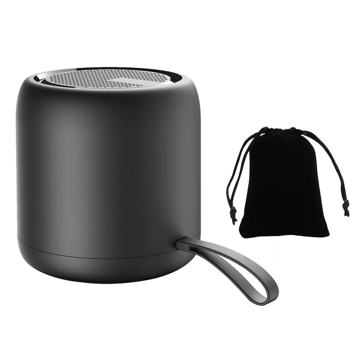 Преносим високоговорител, Zggzerg, С чанта за съхранение, Bluetooth 5.3, Безжичен, Допълнителен бас, IPX4, 100% автономност на звука 6 часа, Водо- и прахоустойчивост, USB Type-C, Капацитет на батерията 1200 mAh, 3W, Преносим, ABS, 76 mm x 76 мм, черен