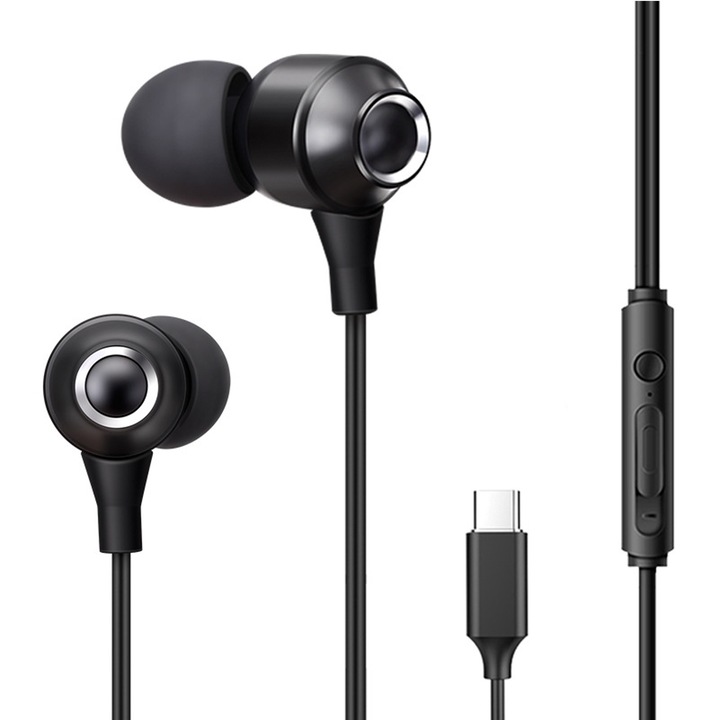 Casti Cu Fir, Zggzerg, In-Ear, Type-C, Reducerea zgomotului, Cu bass puternic si control al firului, Telecomanda pentru apeluri/volum, Microfon incorporabil, Compatibile pentru PC, telefon, laptop, TPE, 1.2 m, Negru