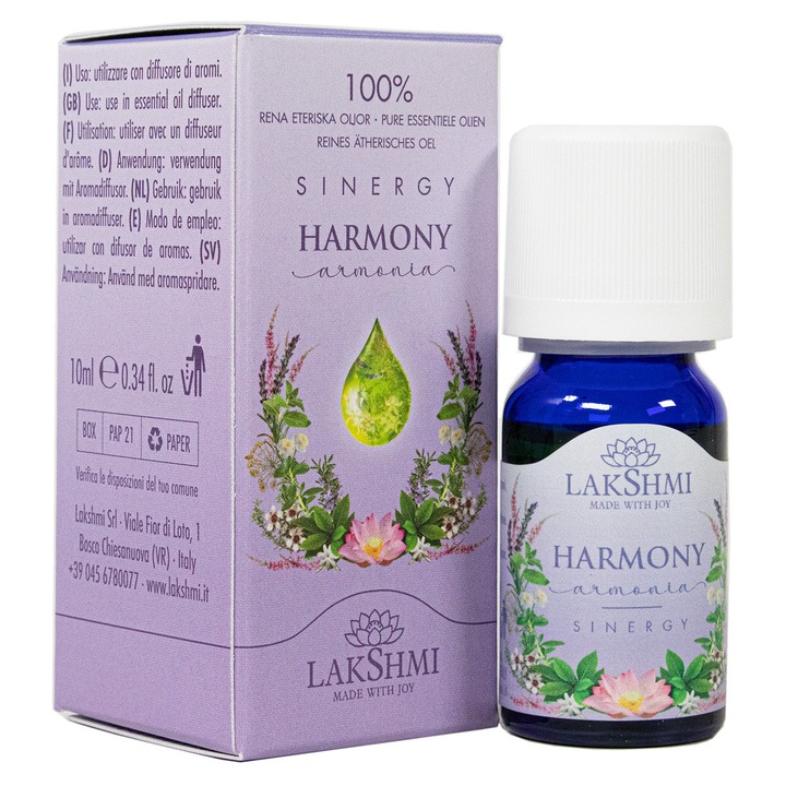 Blend de uleiuri esentiale 100% pure "Harmony" 10ml, Lakshmi, cu lemn de trandafir, palmarosa, trandafir de Damasc, portocala, bergamota, ylang ylang, cedru de Himalaya
