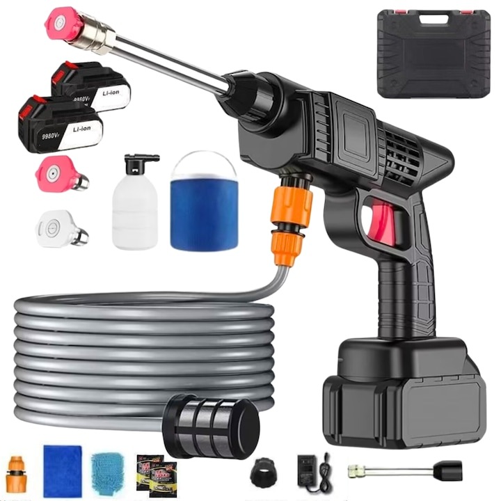Pisztolyos magasnyomású mosó, EMATTERIO®, vezeték nélküli, 2 db 36V-os újratölthető elem, habtartály, szállítótáska, 30 bar / 300 W fekete