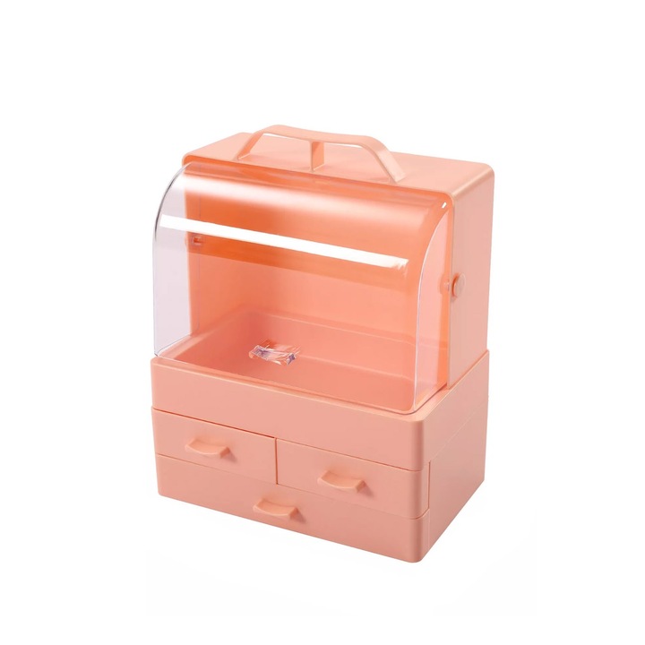 BabySkin Doty® rendszerező és tároló doboz smink vagy bőrápoló termékek számára, fiókokkal és átlátszó fedéllel, 27x21x14 cm, rózsaszínes krém