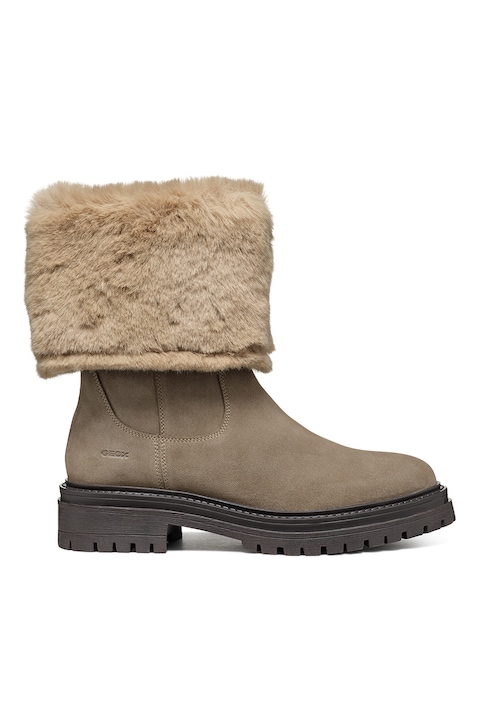 Geox, Cizme mid-calf de piele cu garnituri de blana sintetica, Maro taupe