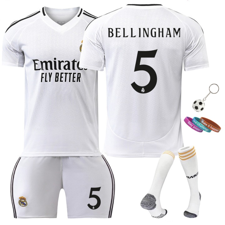 Детски екип No.5 Bellingham MzcrJosv, Real Madrid, Сезон 24/25, 110-120CM, 3 гривни, ключодържател, включени чорапи, бял