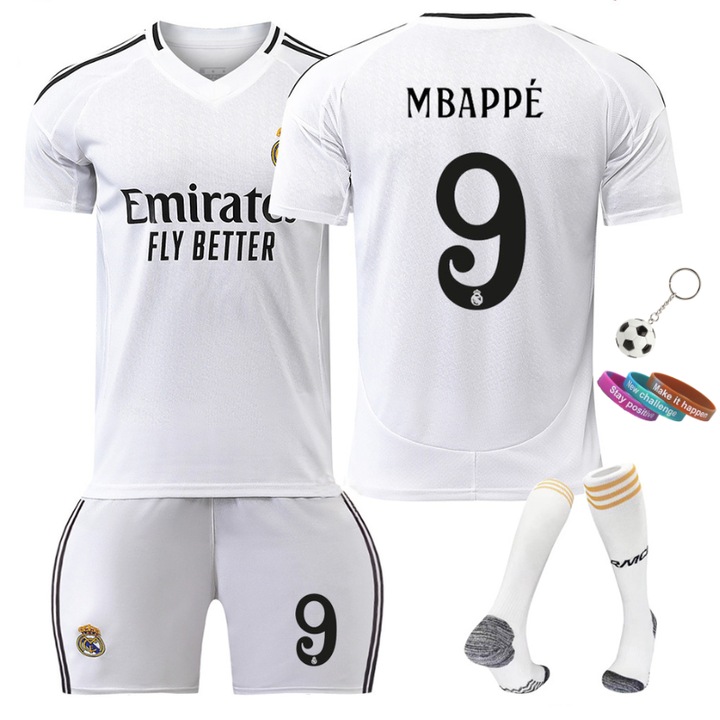 Детски спортен екип No.9 Mbappe, MzcrJosv ®, Real Madrid, Сезон 2024/2025, 140-150 CM, 3 ленти за ръце, ключодържател, бял