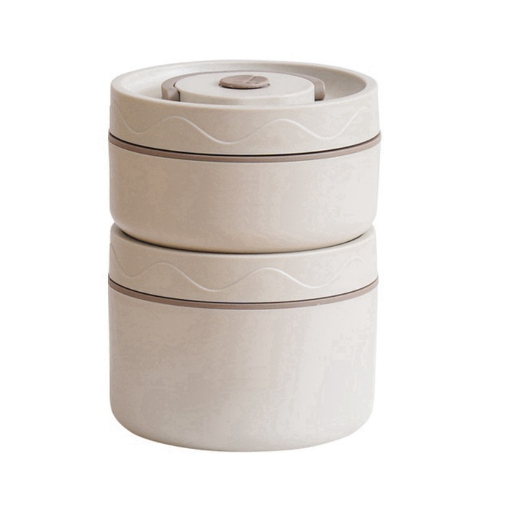 Cutie de pranz, otel inoxidabil, izolatie termica, strat dublu, portabila, rotunda, sigilata cu capac, alb