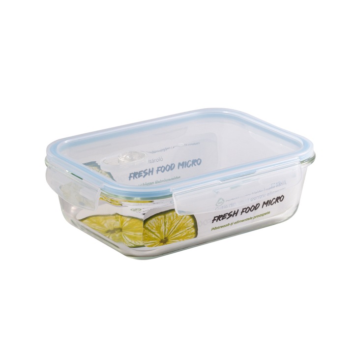 Cutie din sticla termorezistenta pentru alimente, capac din plastic cu supapa, Plastor Trading, dreptunghiulara, 1, 52 l, Fresh Micro