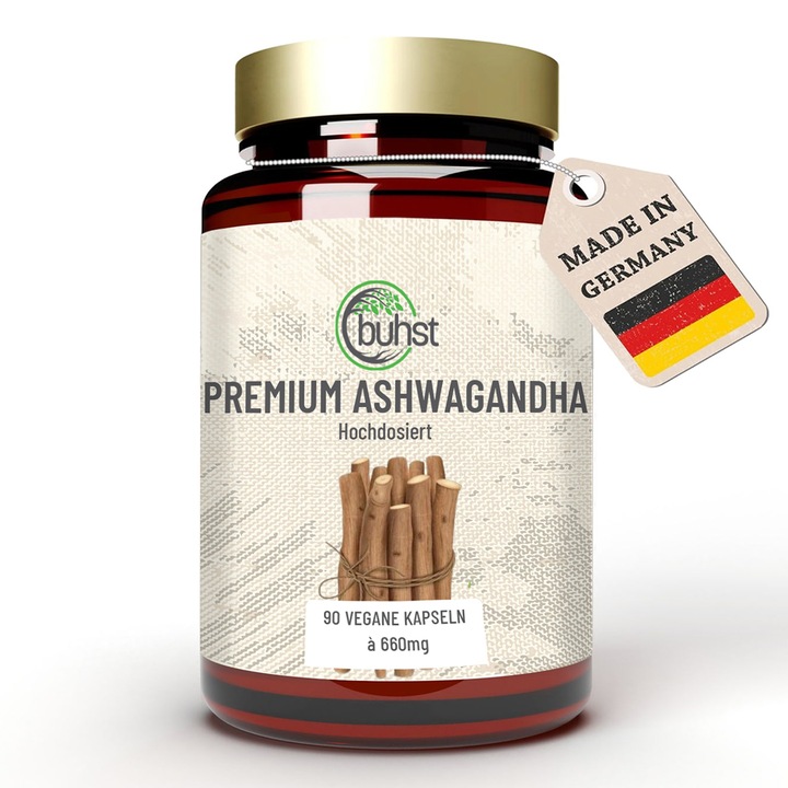 Supliment Alimentar Ashwagandha, BUHST® Premium, 90 Capsule, 660mg Dozaj Radacina, Extract Full Spectrum Fara Frunza, Adaptogen Natural pentru Reducerea Stresului si Anxietatii, Echilibru Hormon Cortizol, Energie si Vitalitate, Vegan, Fara Aditivi